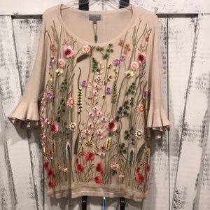 NWT Embroidered Knit Fluted Sleeve Sweater